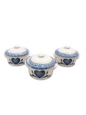 Vintage 3 PC Corelle Blue Hearts Stoneware by Corning Country Soup Crocks Bowls